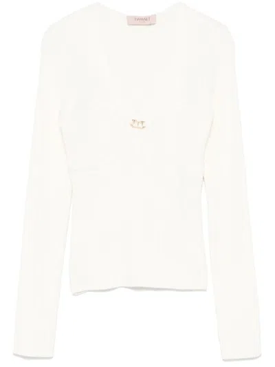 Twinset Twin-set Chic Twin-set Sweater With Elegant V-neck And Decorative Detail In White