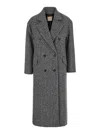 Twinset Grey Double-breasted Coat With With Fishbone Motif In Wool Blend Woman In Neve/nero