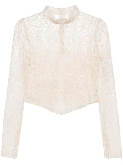 Twinset Twin-set Cream Macramé Semi-sheer Cropped Shirt In Neutral