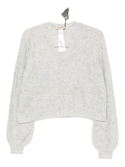 TWINSET TWIN-SET CROPPED V-NECK SWEATER WITH BALLOON SLEEVES AND TEXTURED KNIT