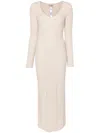 Shop Twinset Long White Ribbed Knitted Dress With Cut-out Details In Beige