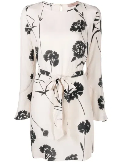 Twinset Floral-print Belted Minidress In Bianco
