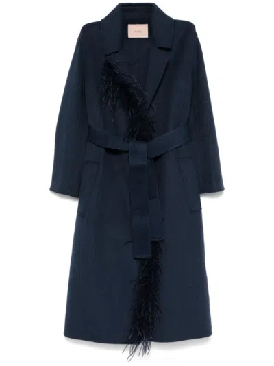 TWINSET TWIN-SET LONG COAT WITH FEATHER DETAIL AND BELTED WAIST