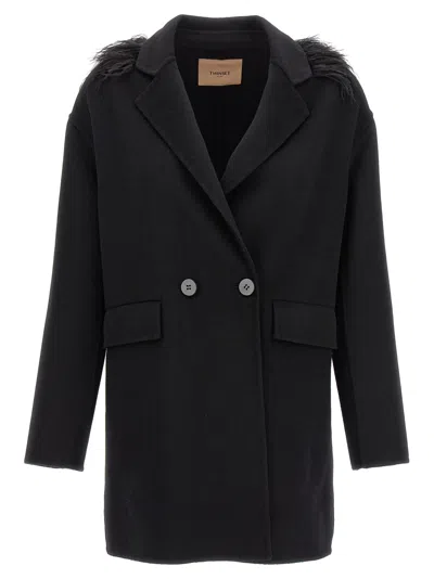 Twinset Feather-trim Double-breasted Coat In Black