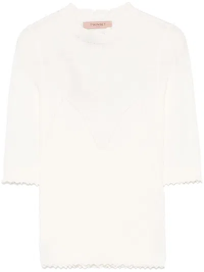 Twinset Twin-set Fitted White Sweater With Scalloped Neckline