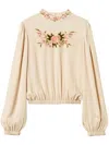 Twinset Twin-set Floral-embroidered Blouse With Keyhole Closure And Gathered Hem In Neutrals