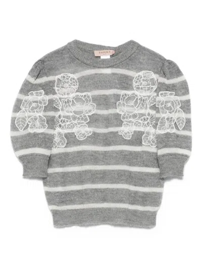 TWINSET TWIN-SET FLORAL EMBROIDERED STRIPED KNIT SWEATER