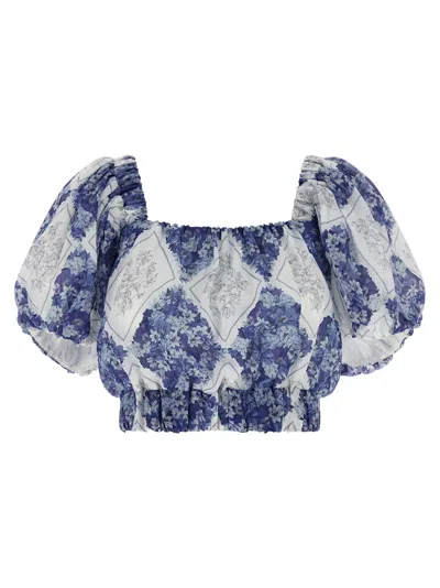 Twinset Twin Set Floral Lozenge-print Ramie Blouse In Blue