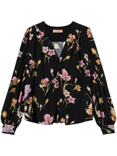 Twinset Twin-set Floral Print Black Shirt With V-neck