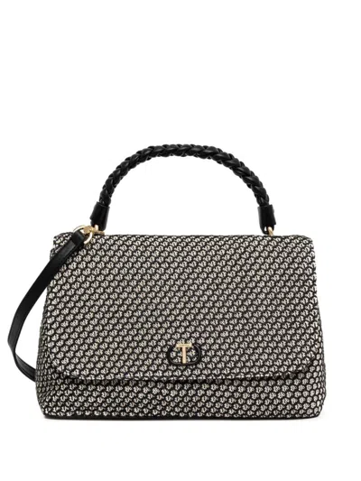Twinset Twin-set Foldover Black Handbag With Gold-tone Logo And Adjustable Straps