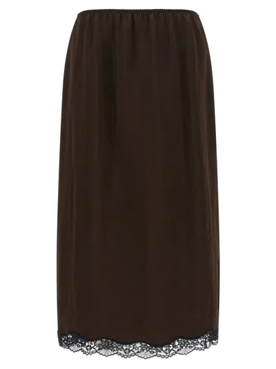 Twinset Twin Set Froissé Satin With Lace Hem Skirt In Brown