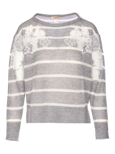 TWINSET TWIN-SET GREY STRIPED SWEATER WITH LACE FLORAL EMBELLISHMENT AND EMBROIDERED DETAIL