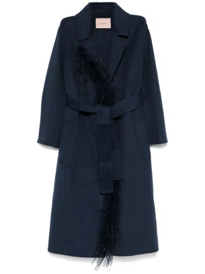 Twinset Twin-set Indigo Blue Feather-trim Coat