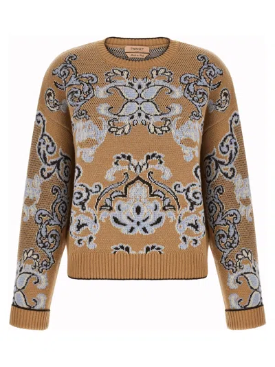 Twinset Twin Set Jacquard Tapestry Wool Blend Sweater In Tan