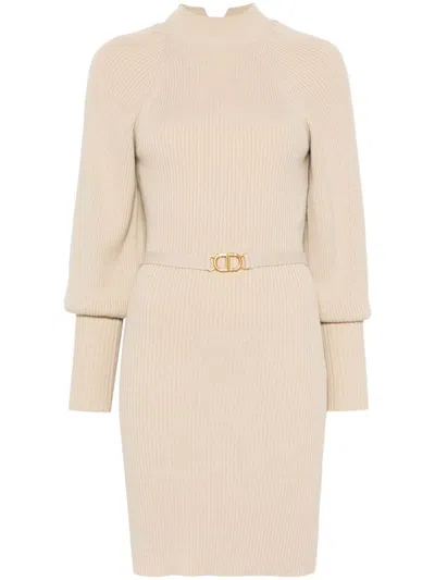 Twinset Twin-set Light Beige Ribbed Knit Dress In Neutral