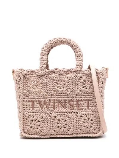 Twinset Twin-set Light Pink Crocheted Handbag With Dual Handles And Adjustable Strap In Parisienne Pink