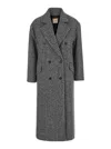 Twinset Grey Double-breasted Coat With With Fishbone Motif In Wool Blend Woman In Grey