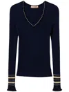 Twinset Twin-set Navy Blue Lurex-detailing V-neck Sweater