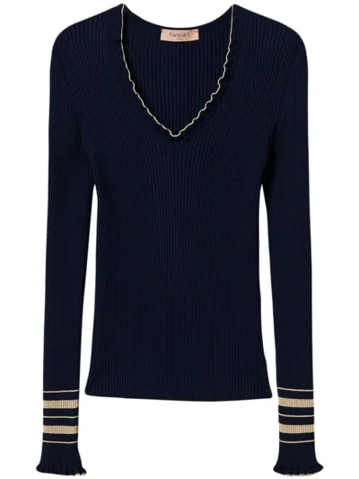 Twinset Twin-set Navy Blue Lurex-detailing V-neck Sweater