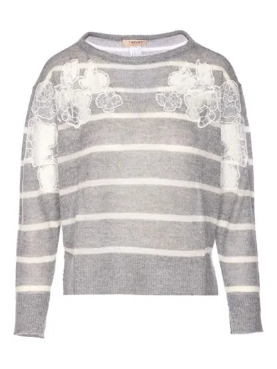 TWINSET TWIN-SET RELAXED GREY KNIT SWEATER WITH FLORAL EMBROIDERY