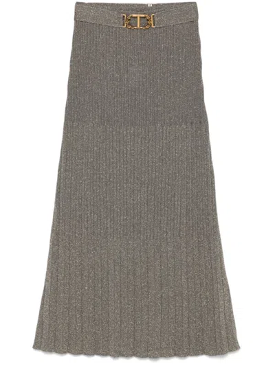 TWINSET TWIN-SET RIBBED MIDI SKIRT WITH BELT DETAIL AND FLARED HEM