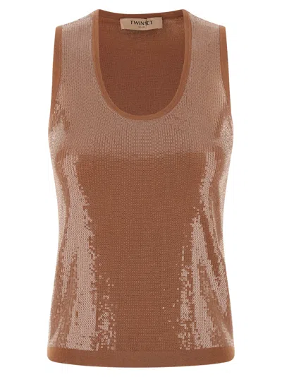 Twinset Top Sleek Ribbed Knit Tank Top In Brown