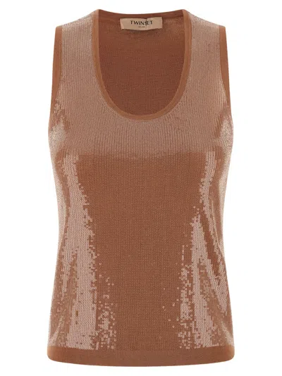 Twinset Twin Set Sequin-embellished Cotton-blend Tank Top In Camel