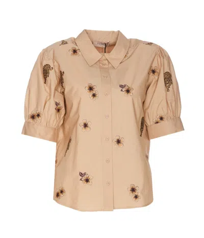 Twinset Popeline Embroidered Shirt In Beige