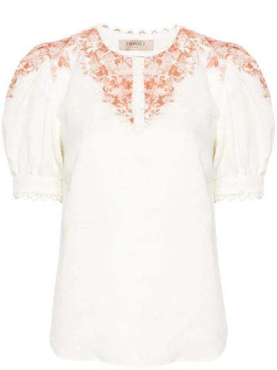 Twinset Linen Blouse With Floral Print In Bianco