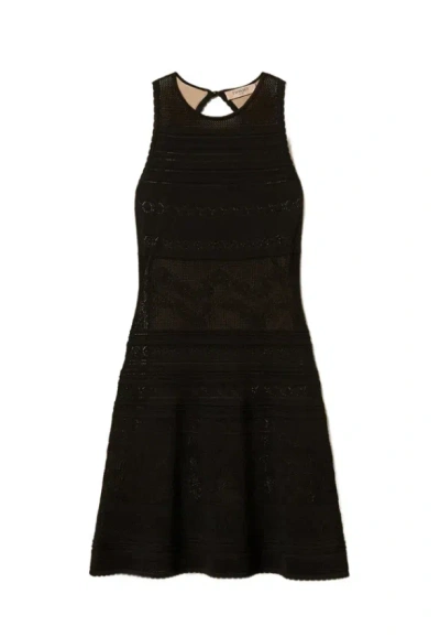 Twinset Twin Set Short Floral Knit Dress In Black