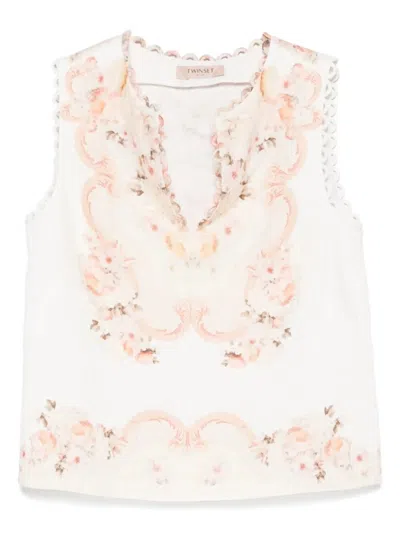 Twinset Twin-set Sleeveless Floral-embroidered Top With Scalloped Edges In White