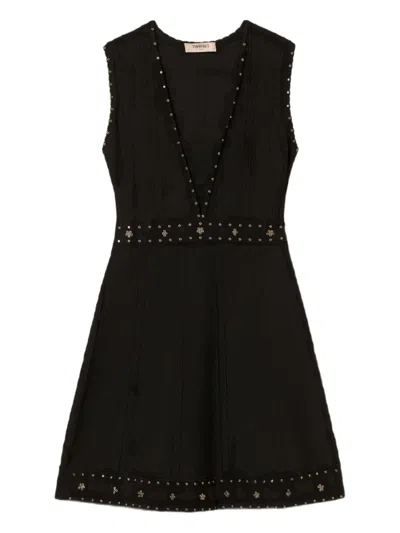 TWINSET TWIN-SET SLEEVELESS MINI DRESS WITH DEEP V-NECKLINE AND DECORATIVE STUDS
