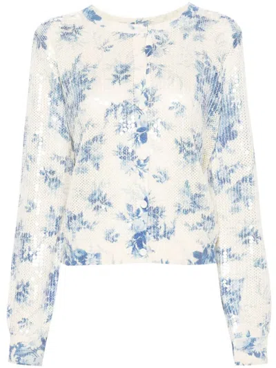 Twinset Floral-print Oprn-knit Cardigan In Avorio E Blu