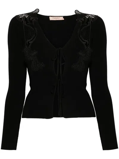 Twinset Lace-panels Ribbed-knit Cardigan In Black