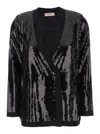 Twinset Black Double-breasted Cardigan With Sequins All-over In Technical Fabric Woman In Black