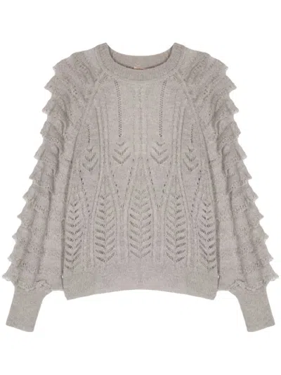 Twinset Ruffled-detailing Open-kinit Jumper In Grey