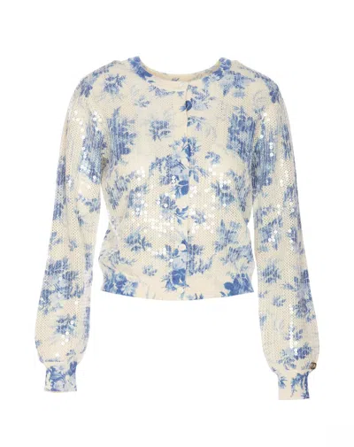 Twinset Floral-print Oprn-knit Cardigan In Avorio E Blu