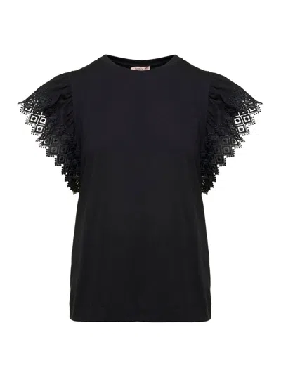 Twinset T-shirt With Macrame Sleeves In Black