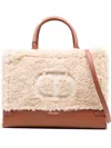 Twinset Twin-set Textured White Shoulder Bag With Leather Base In Brown
