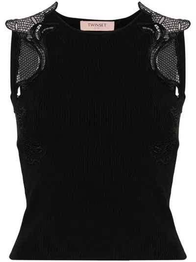 Twinset Lace-detail Ribbed-knit Top In Black