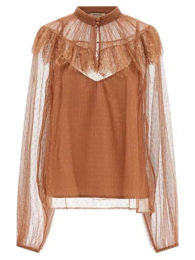 Twinset Twin Set Tulle Plumetis Blouse In Brown