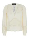 Twinset White Blouse With V Neck And All-over Embroidery In Fabric Woman