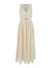 Twinset White Long Dress With V-neck And Waist Belt With Metallic Logo Plaque In Cotton Woman