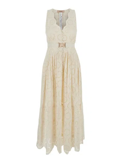 Twinset White Long Dress With V-neck And Waist Belt With Metallic Logo Plaque In Cotton Woman