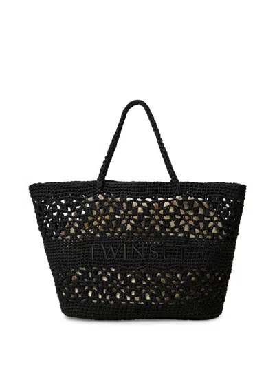 Twinset Twin-set Woven Black Drawstring Bag With Embroidered Logo