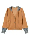Twinset U&b Camel Mixed-material Sweater With Denim Accents In Brown