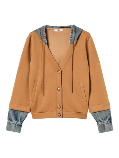 Twinset U&b Camel Mixed-material Sweater With Denim Accents In Brown