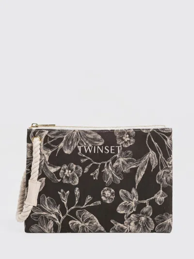 Twinset U&b Cotton Canvas Pouch With Floral Print In Black