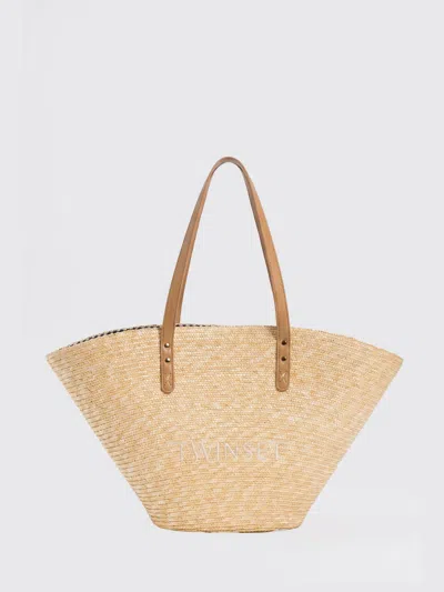 Twinset U&b Raffia Bag With Embroidered Logo In Brown