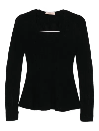 Twinset V-neck Ribbed Knitted Top In Black